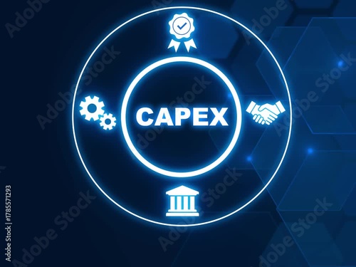 CAPEX Capital expenditures concept. Investments made by a business in assets or infrastructure to generate future benefits with icons of office, factory and warehouse. showing CAPEX icons.
