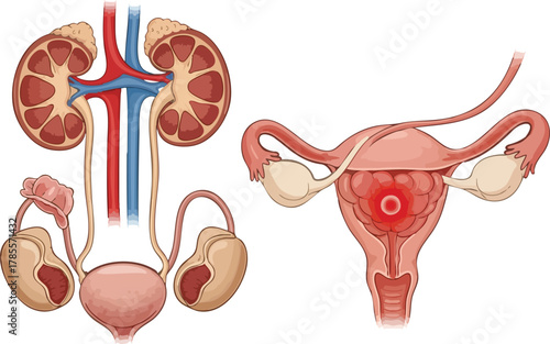Illustration of the female reproductive system and urinary tract, depicting the potential spread of bladder cancer to adjacent organs