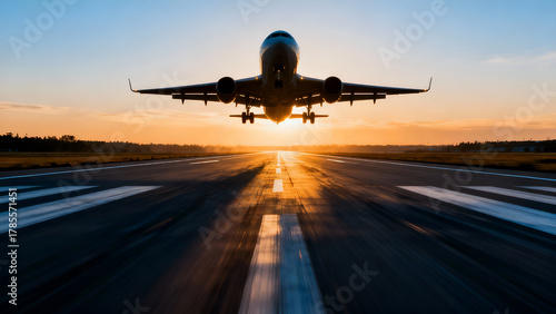 An airplane ascends into the sky during sunset, with a runway visible in the foreground and a colorful sky in the background.