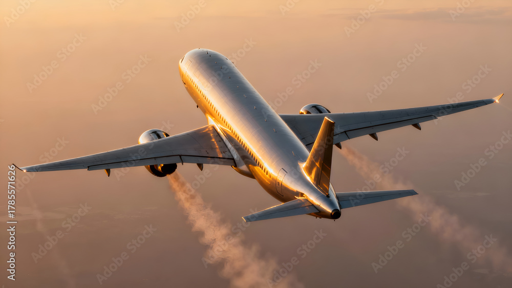 Fototapeta premium A commercial airplane flying high in the sky during sunset, leaving vapor trails behind. The golden light reflects off the aircraft's surface.