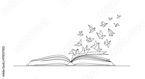 Open book with pages transforming into flying origami birds, symbolizing freedom and imagination through knowledge.