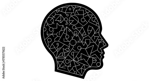 Black and white illustration of a human head silhouette filled with geometric shapes.