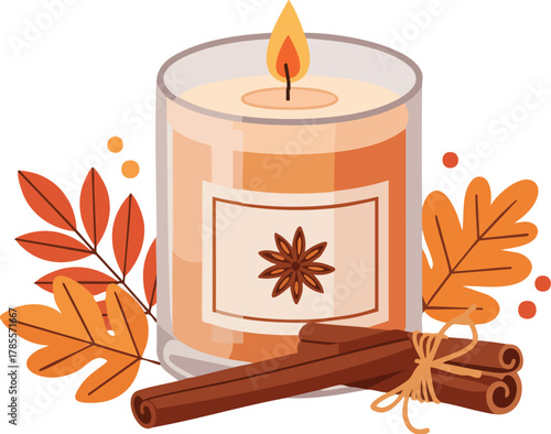A 2D flat illustration of a lit candle with autumn leaves and cinnamon sticks on a white background, celebrating World Candle Day with warm orange hues.