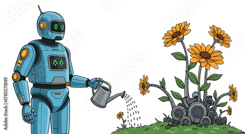 A blue robot waters a group of mechanical sunflowers with binary code flowing from a watering can.
