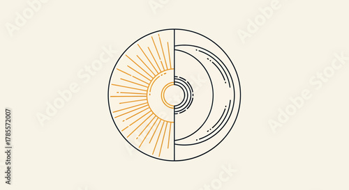A circular graphic depicting the duality of day and night, with the sun on one side and the moon on the other.