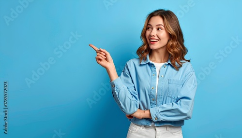young woman pointing at something to the side on a blue background with copy space