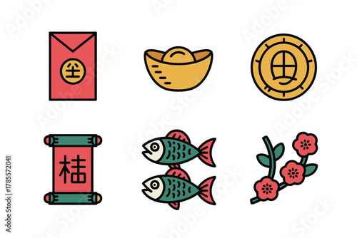 Outline color icons for festive symbols, illustrating envelope, gold coin, fish, representing Lunar New Year and prosperity,