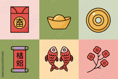 Detailed flat vector icons for good fortune, showing envelope, gold coin, fish, flowers, representing Lunar New Year,