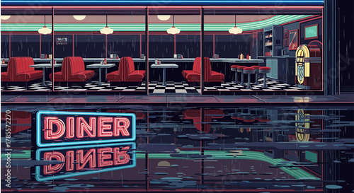A retro-style diner at night, reflected in a wet street with neon signage.