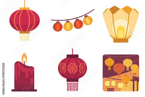Detailed flat vector icons for light festival, showing lantern, string lights, candles, and traditional decorative lighting elements,