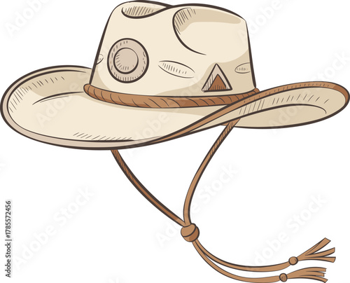 Hand-drawn western cowboy hat illustration — vintage style beige hat with chin strap for country, ranch, or rodeo design
