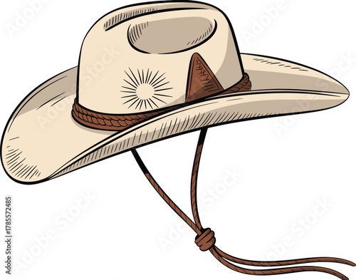 Hand-drawn western cowboy hat illustration — vintage style beige hat with chin strap for country, ranch, or rodeo design