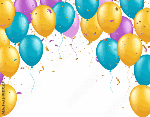 Colorful Balloons Floating Upwards with Confetti.