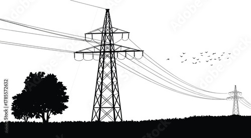 High voltage power transmission towers in countryside landscape, electricity pylons with power lines, energy infrastructure, industrial landscape, black and white illustration