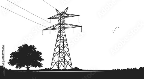 High voltage power transmission towers in countryside landscape, electricity pylons with power lines, energy infrastructure, industrial landscape, black and white illustration