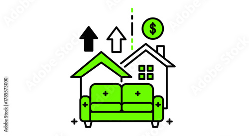 Real estate growth: houses, sofa, and rising dollar value