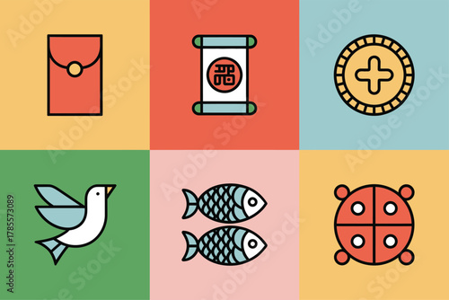 Outline color icons for Asian celebration, illustrating red envelope, scroll, dove, fish, and traditional prosperity symbols,