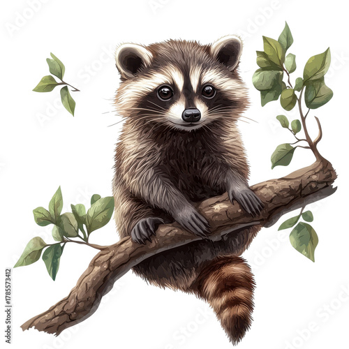 Raccoon sitting on a tree branch isolated on transparent background.