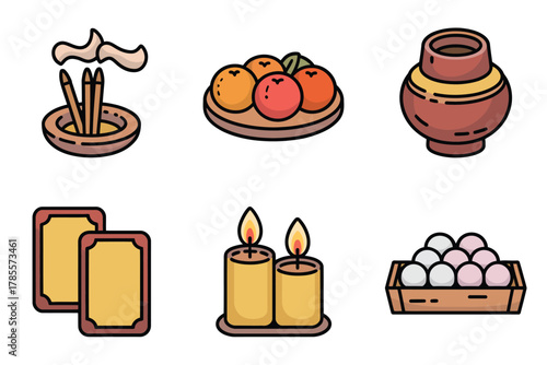 Flat vector icons for ceremonial ritual, featuring incense, fruit, candles, rice, and traditional spiritual offering elements,