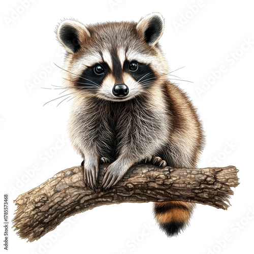 Raccoon sitting on a tree branch isolated on transparent background.
