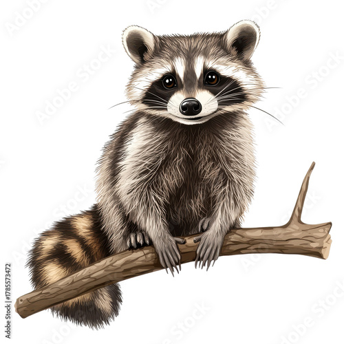Raccoon sitting on a tree branch isolated on transparent background.