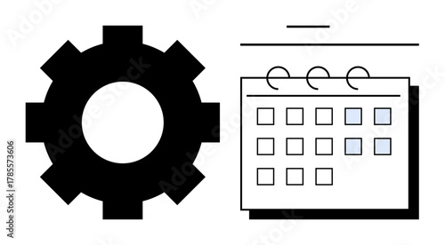 Gear alongside a calendar with highlighted dates signifying automation, planning, and efficiency. Ideal for productivity, organization, workflow strategy, goal tracking, project planning, time