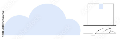 Blue cloud, box with tape, and curved motion lines suggest digital storage, package delivery, and speed. Ideal for technology, logistics, cloud storage, digital infrastructure efficiency mobility