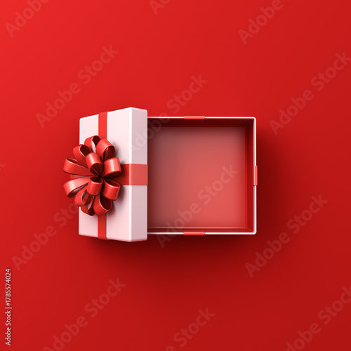 Blank white gift box mock up open or top view of white present box product showcase tied with red ribbon bow isolated on dark red background with shadow minimal conceptual 3D rendering