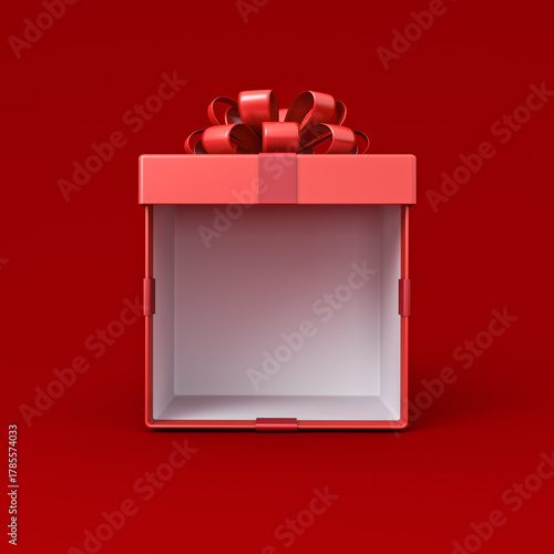 Blank red gift box mockup exhibition booth stand open or opened present box tied with red ribbon bow isolated on dark red background with shadow minimal creative idea conceptual 3D rendering © masterzphotofo