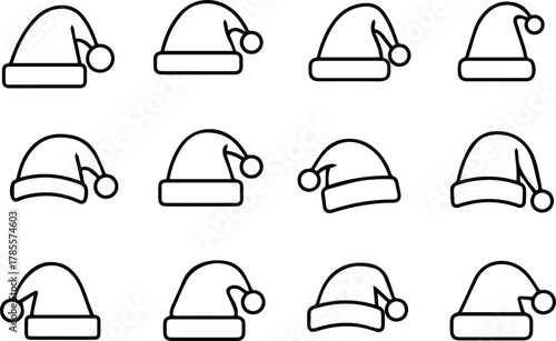 Simple outline vector icon set of christmas santa hats for festive designs