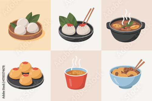 Outline color icons for shared meal, illustrating hot pot, dumplings, sauces, representing traditional Asian dining experience,