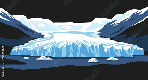 Glacier Landscape with Snow Mountains in Dark Style
