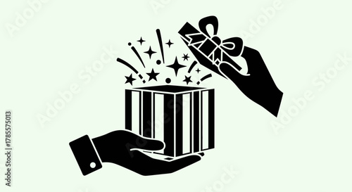 Gift Giving Icon with Sparkling Present and Hands Silhouette