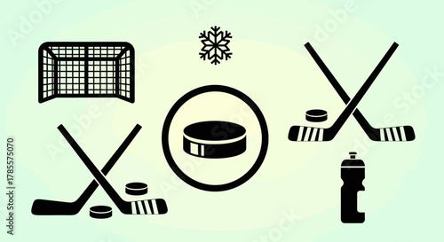 Ice Hockey Icon Set with Puck, Stick, and Net Elements