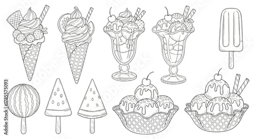 ce Cream and Dessert Outline Set for Coloring and Design