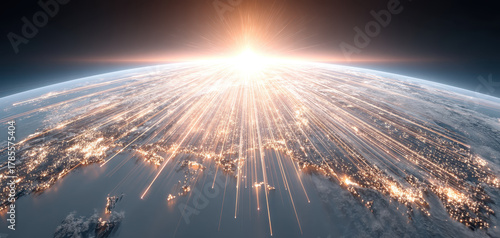 Fototapeta Naklejka Na Ścianę i Meble -  Stunning view of Earth from space showcases radiant sunrise illuminating planet. scene captures beauty of technology and data as they connect across vast distances, symbolizing new dawn