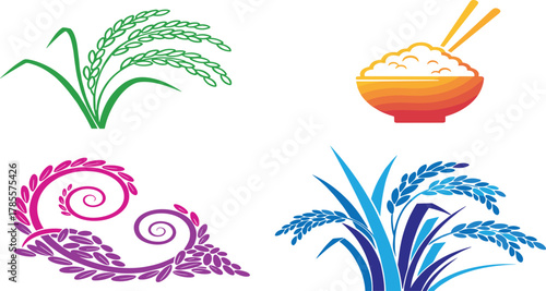 Colorful rice plant and bowl illustration set, abstract paddy design, creative agricultural food concept, organic grain vector art