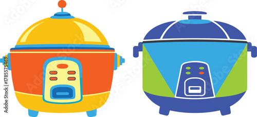 Colorful electric rice cooker illustration set, modern kitchen appliance vector, creative cooking pot design, household food preparation equipment art