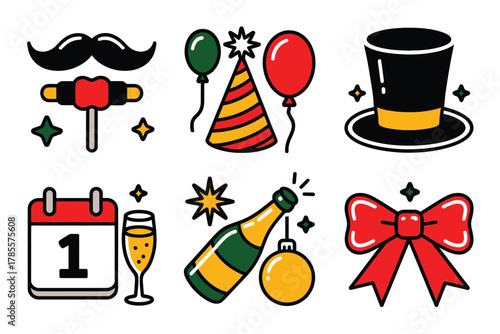 Flat vector icons for New Year, featuring champagne, calendar, bow, hat, representing countdown and celebration,