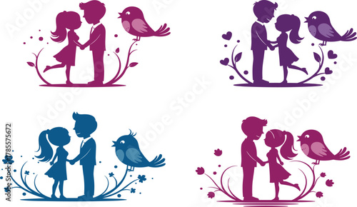 Romantic couple silhouette illustration set, cute boy and girl love scene with birds, Valentine’s day relationship vector art design