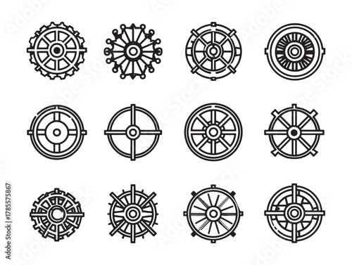 Locomotive Wheel Line Art Mechanical Engineering Illustration