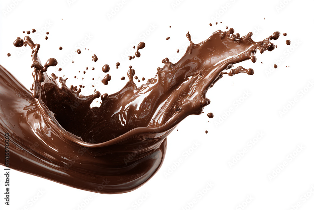 Fototapeta premium A rich brown liquid chocolate splash with swirling forms and droplets on a pure white background