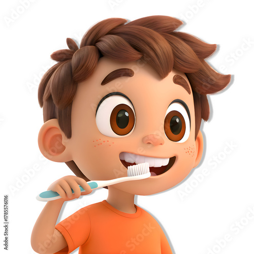 Cartoon boy brushing teeth with toothbrush isolated on transparent background