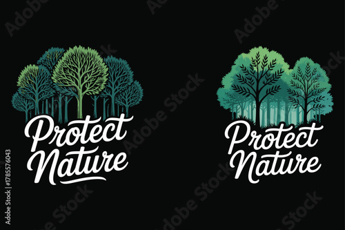 Two logos with trees and text Protect Nature on black background forest woodland