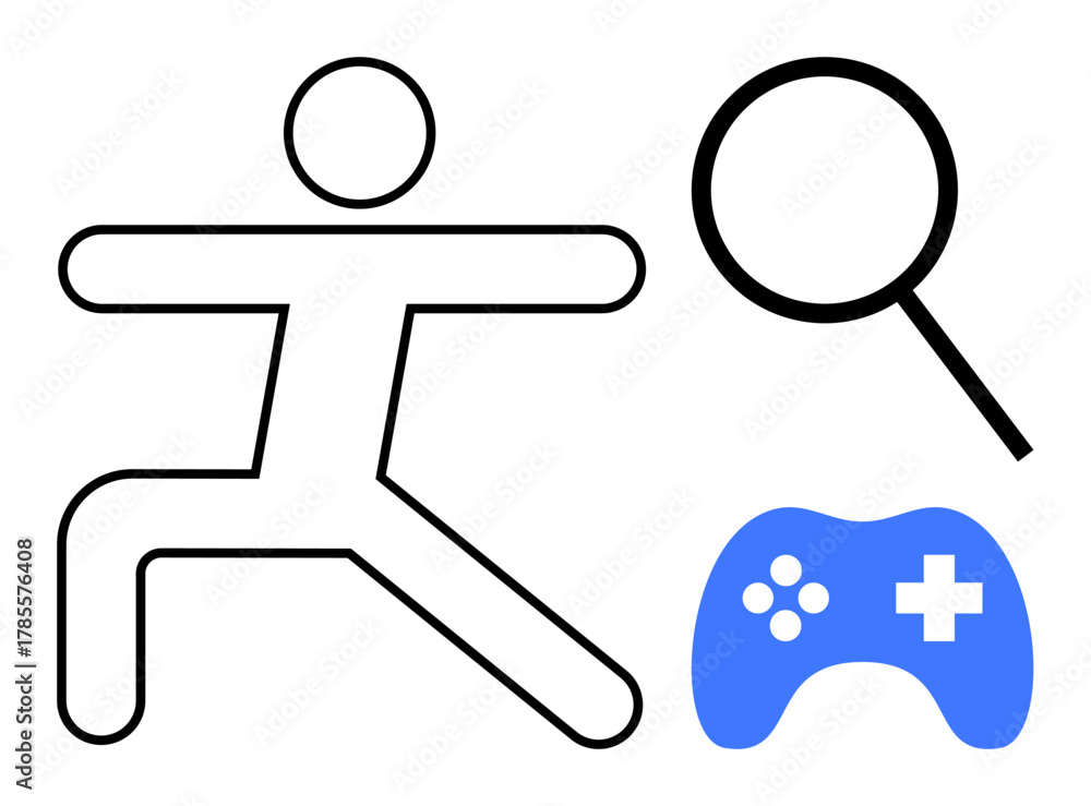 Obraz premium Stick figure poses dynamically, magnifying glass suggests exploration, and a blue game controller emphasizes fun and technology. Ideal for action, discovery, research, gaming, education, play