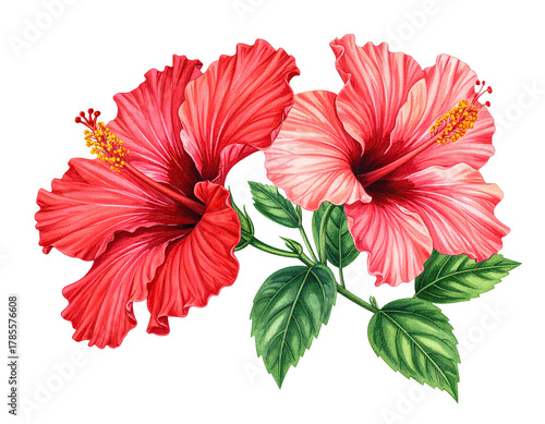 Two vibrant hibiscus flowers in full bloom, with leaves, set against a black backdrop