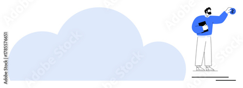 Individual holding globe and clipboard standing beside large cloud, representing data management and global connectivity. Ideal for cloud computing, technology, business, innovation, networking