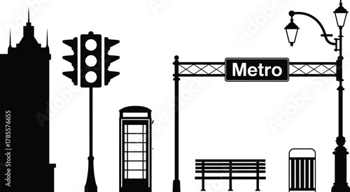 Urban street silhouette, city elements, metro station entrance, traffic light, phone booth, park bench, street lamp, minimalist city design