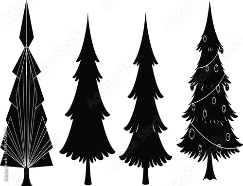 Silhouette of Christmas pine trees collection, decorated and abstract conifer design, festive winter holiday illustration, black vector art background graphic