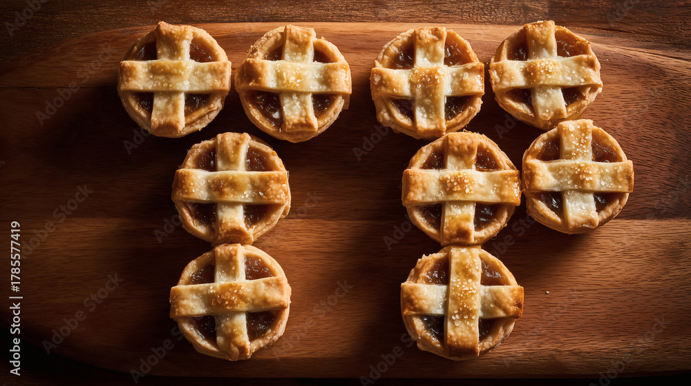 Fototapeta premium Traditional Mince Pies Lattice Top Wooden Board